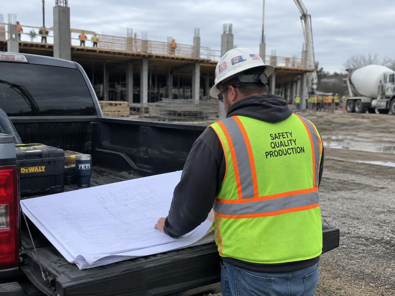 Superintendent reviewing plans on a truck tailgate at a commercial jobsite